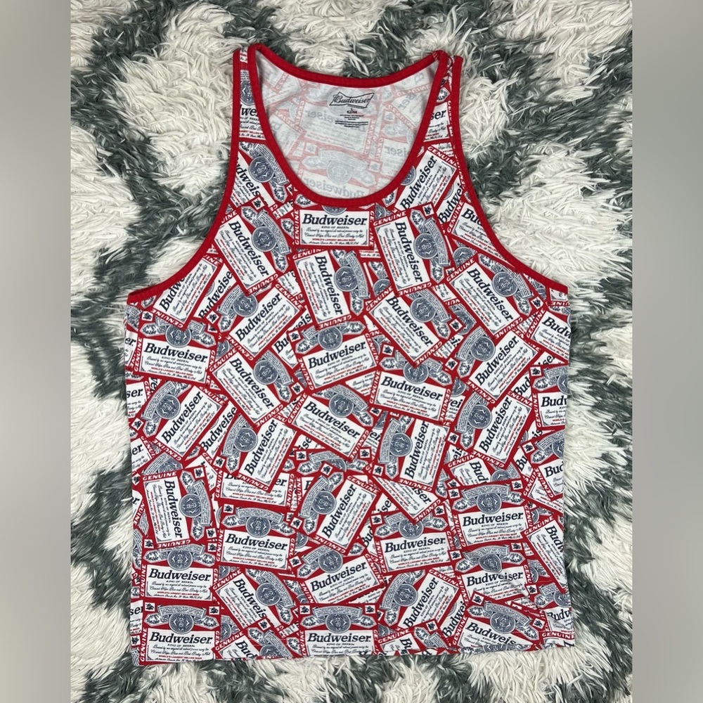 Budweiser Men's Red White Blue Tank Top Shirt All Over Print Size Large
